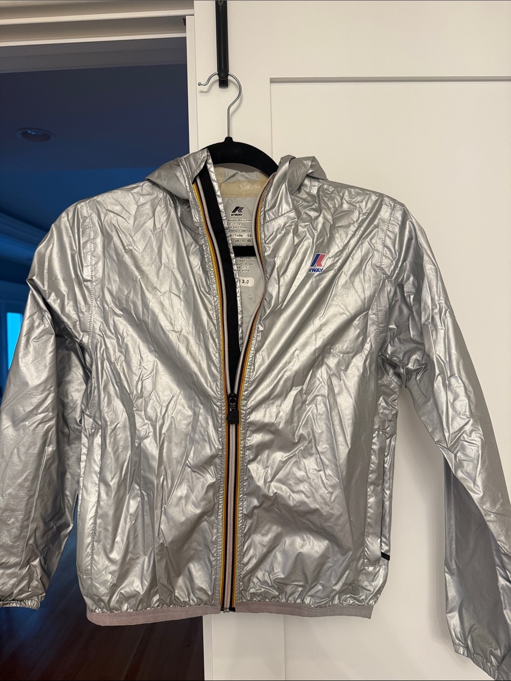 K-Way Silver Metallic Hooded Windbreaker with Yellow-Trim Zip